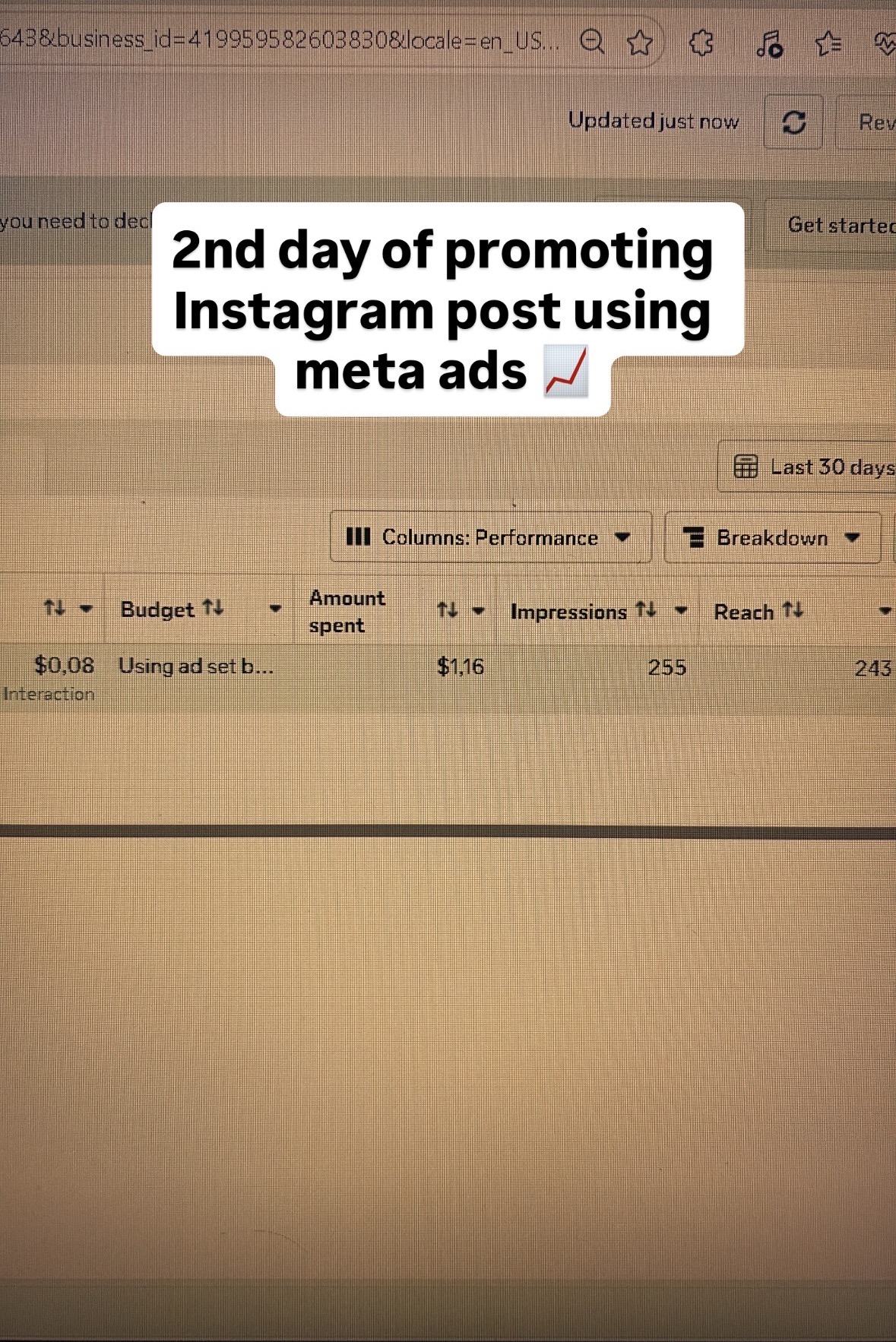 Day 2 Meta Ads results — 255 impressions for $1.16